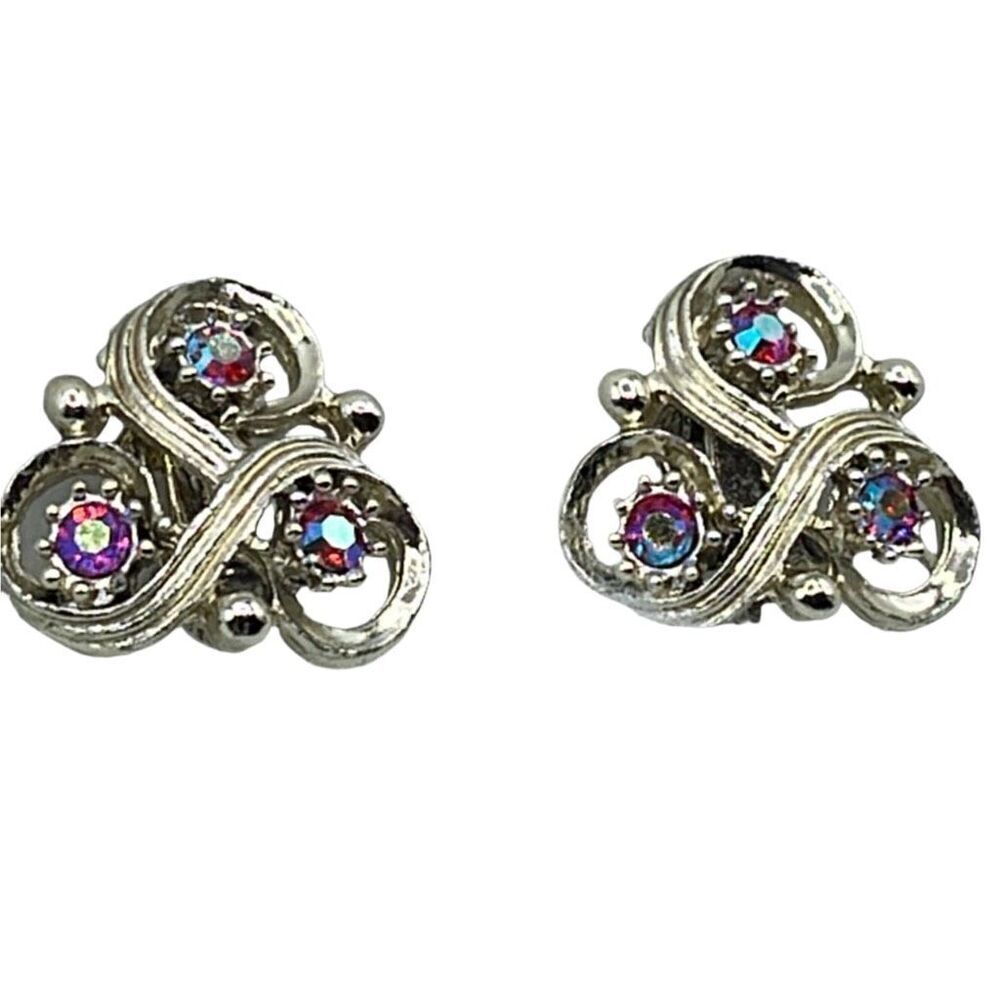 Vintage Ab Crystal trefoil shaped clip earrings .